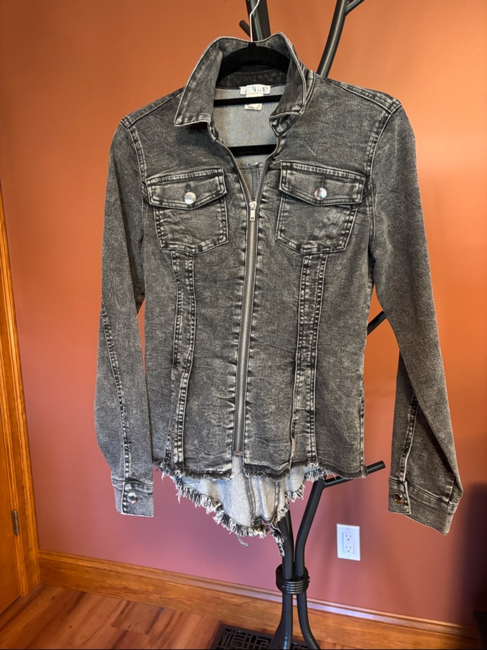 VENUS Grey/ Black Washed Denim Zip-Front Jacket